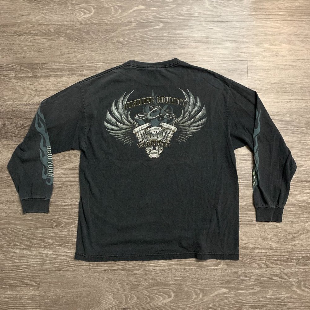 Vtg Y2K Orange County Choppers Long Sleeve Flames Black Faded Shirt Sz. XL